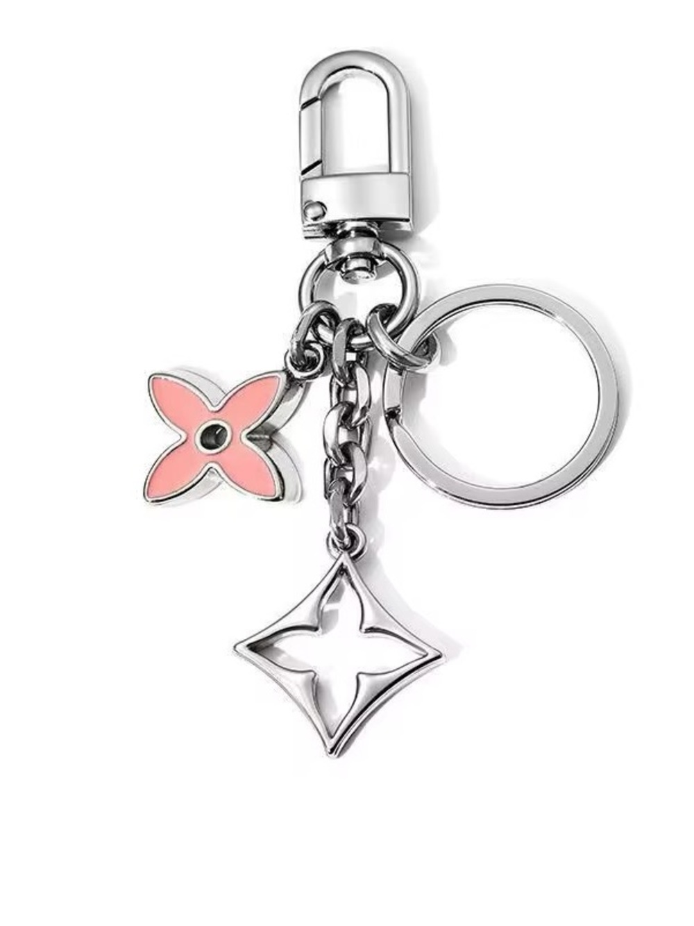Silver-tone Keychain Charm with Pink Flower Accent